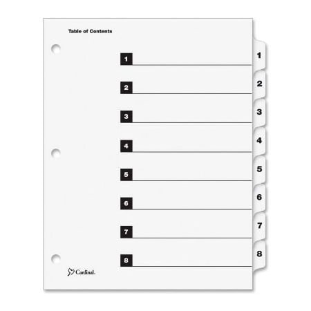 Cardinal Brands Cardinal OneStep Printable T.O.C. Divider, Printed 1, 8, 9"x11", 8 Tabs, White/White 60813